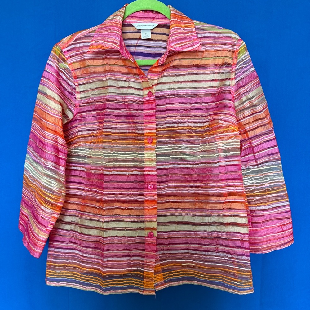 Christopher & Banks Summer Bright Striped Orange Pink Colorful Button Up Blouse